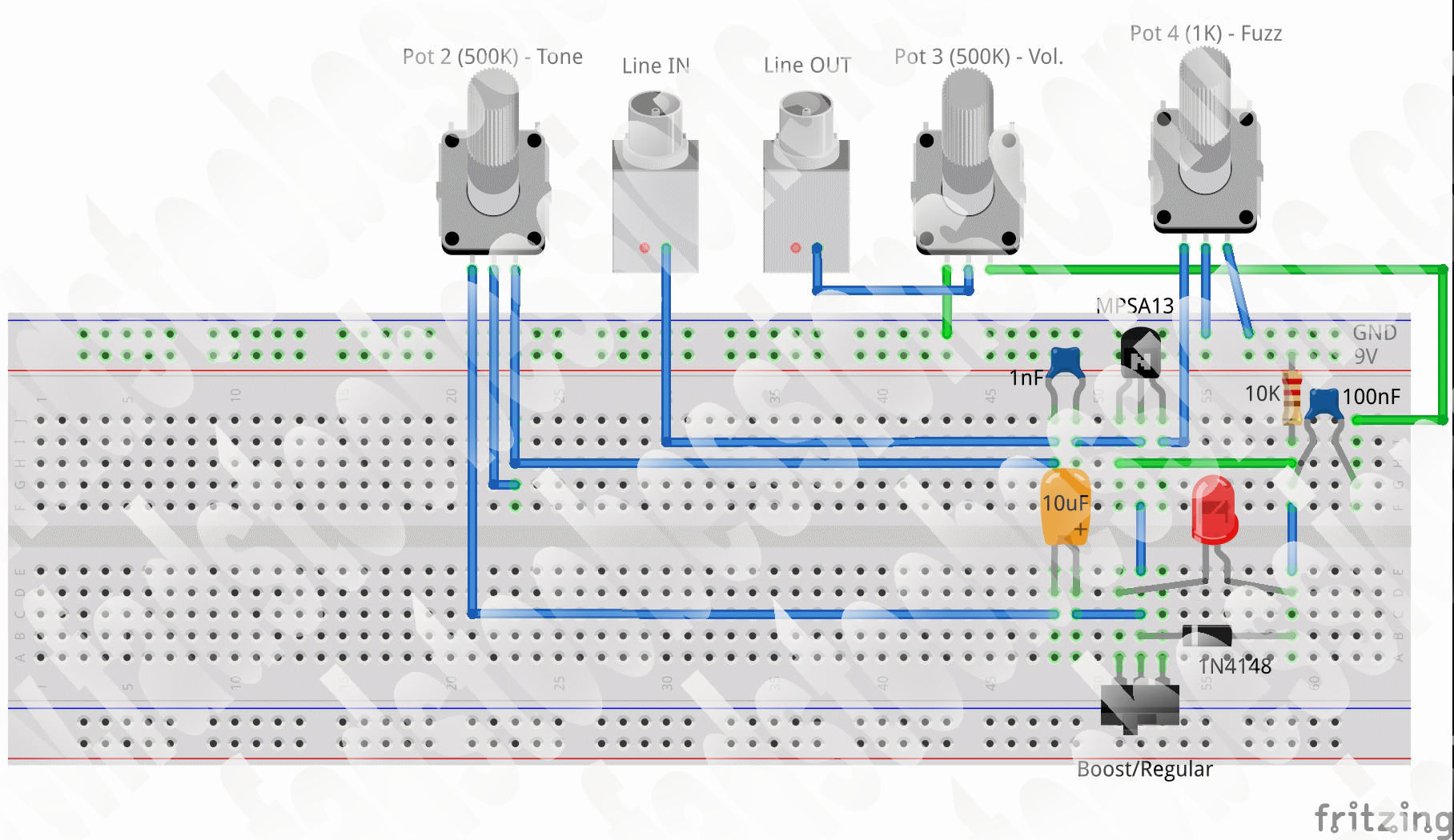Bazz Fuzz Final Full Circuit on Breadboard
